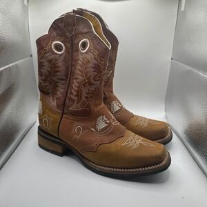 Old Corral Mens Brown Leather Horse Horseshoe Embroidered Cowboy Boots 28.5 MEX